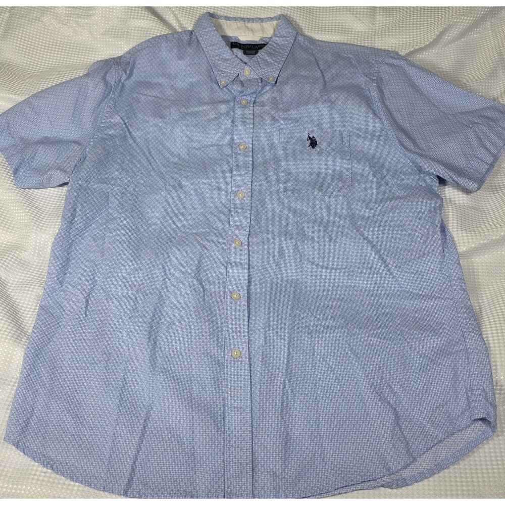 US Polo Assn Button Down Mens Short Sleeve Shirt Size L Blue Geometric Pattern